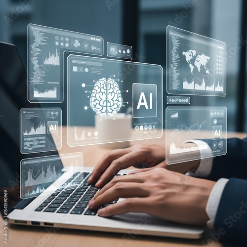 Data analysis science and big data with AI technology. Analyst or Scientist uses a computer and dashboard for analysis of information on complex data sets on computer. Insights development engineer 
