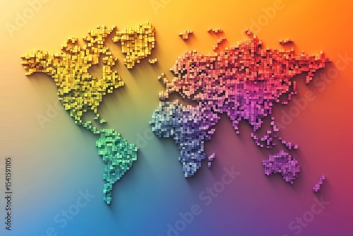 Abstract world map composed of colored squares in gradient, modern style
