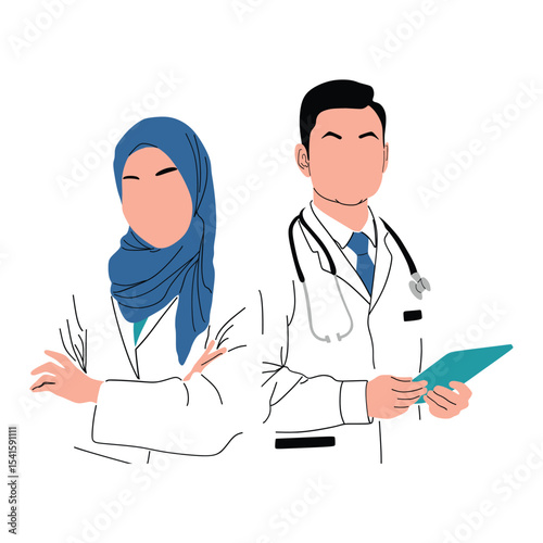 Two Doctors in White Coats One Wearing a Blue Hijab Holding a Tablet