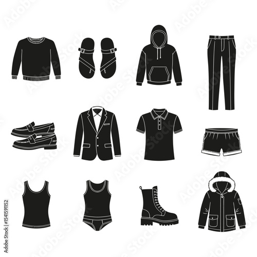 Collection of black clothing items including shirts pants shoes and outerwear on white background