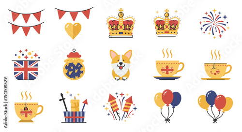 A collection of cheerful British celebratory icons, including crowns, flags, corgis, teacups, and fireworks.