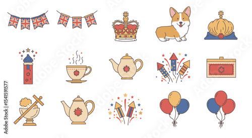 A collection of British-themed icons, including a crown, corgi, and tea set.