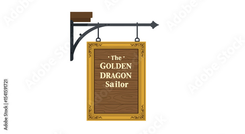 An ornate, golden-framed sign with the text "The Golden Dragon Sailor" hanging from a decorative iron bracket.