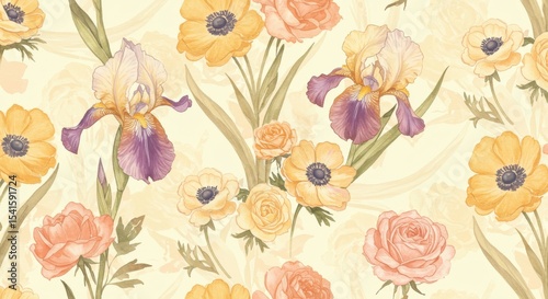 Floral harmony irises anemones  roses gently merge in watercolor elegance