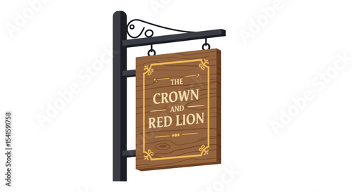 A wooden sign, "The Crown and Red Lion," hangs from a decorative black metal bracket and post.