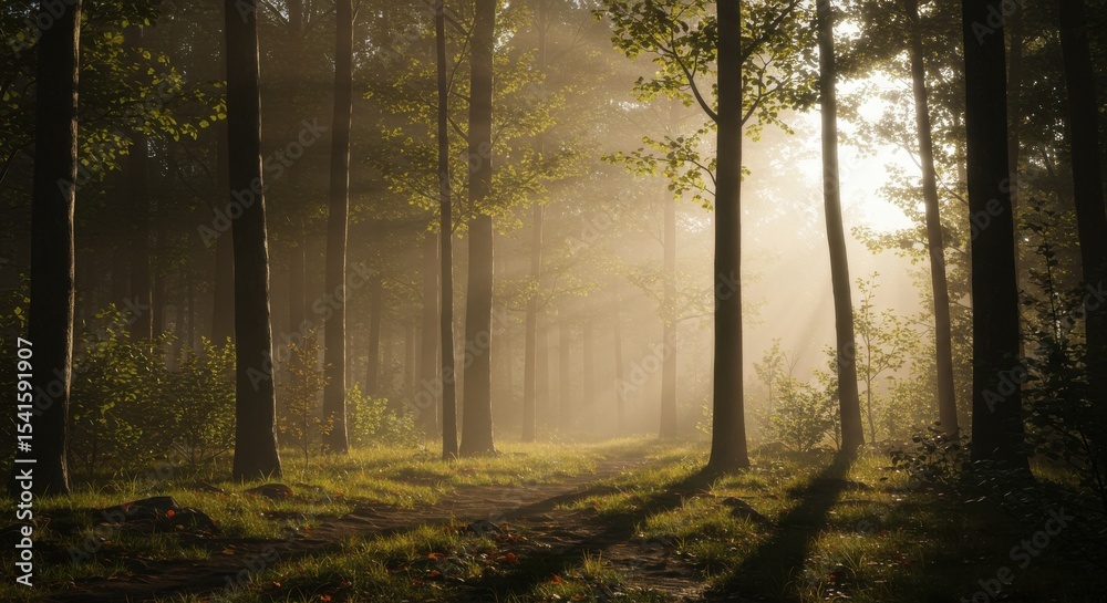 Obraz premium Forest Dawn Sunlight Streams Through Misty Woods