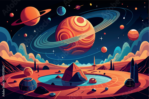 Colorful cosmic landscape featuring planets and rings in a vibrant outer space setting during twilight