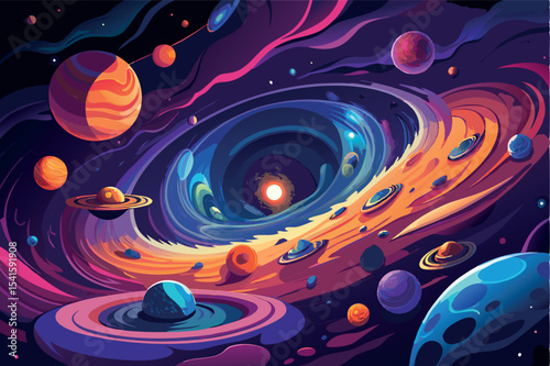 Vibrant cosmic landscape depicts swirling galaxies and planets in colorful space