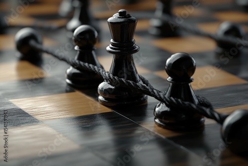 3D rendered chessboard with linking threads, community and hierarchy concept