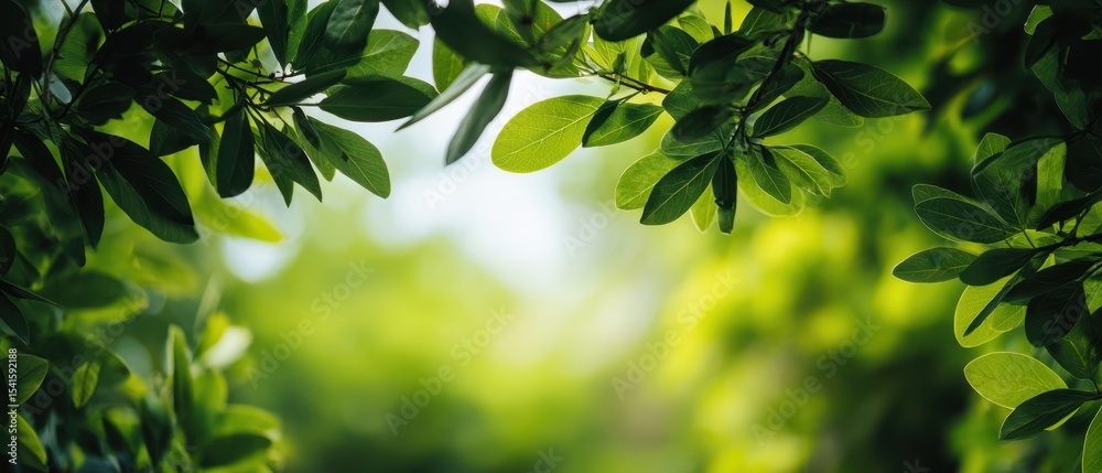 Fototapeta premium The vibrant leaves framing a tranquil natural background in soft sunlight.