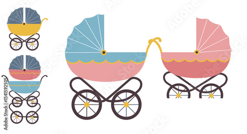 Collection of vintage-style baby strollers in various colors, showcasing different designs.