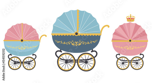 Three vintage-style baby strollers in pastel colors,  featuring ornate details and royal accents.