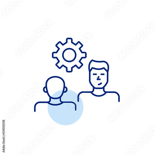 Two men on interview or conversation and cogwheel. Collaborative settings, communication management, interview configuration, dialogue optimization, user interaction control. Pixel perfect, editable s
