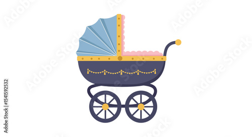 Elegant baby carriage with blue and pink canopy, ornate details, and gold accents.
