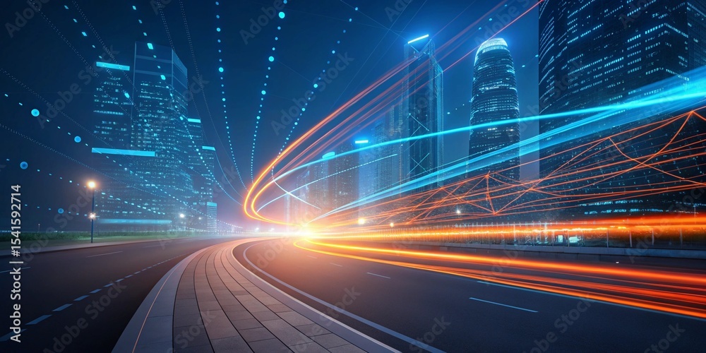 Obraz premium Futuristic City Sunset Highway Neon Light scape Stock Illustration , A futuristic city with glowing neon lights and a bridge,