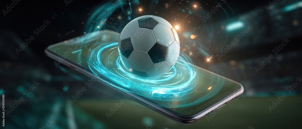 The smartphone displaying a holographic soccer ball in an immersive sports experience.