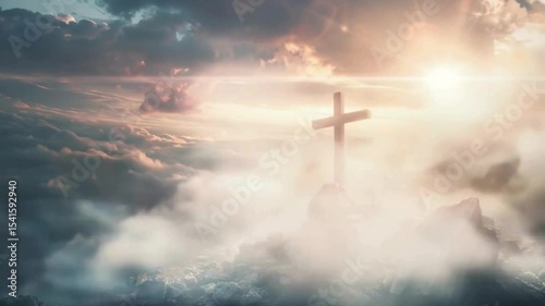 A christian cross on rocky peak above clouds with glowing sunrise and cinematic rays symbolizing faith hope and spiritual peace