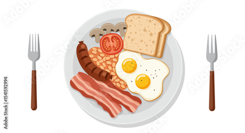 Full English breakfast on a white plate, featuring bacon, sausage, eggs, beans, tomato, mushrooms, and toast, flanked by forks.