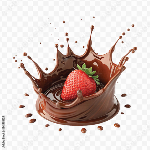 realistic 3d chocolate cream splash into strawberry in crown style isolated on transparent background