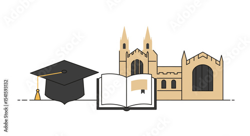 Graduation cap, open book, and historic university building symbolize higher education and learning.