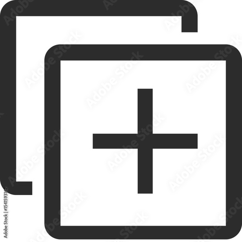 Overlapping squares with a plus sign indicating addition or new item in a simple flat design style