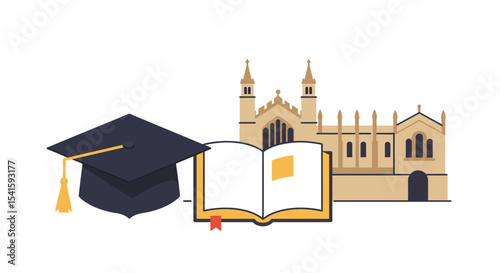 Graduation cap, open book, and university building symbolize higher education and academic achievement.