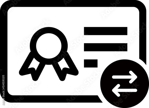 Illustration of a certificate with a seal and transfer arrows in black and white design style