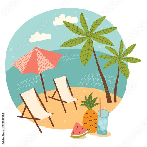Tropical Beach Scene with Pink Umbrella and Lounge Chairs