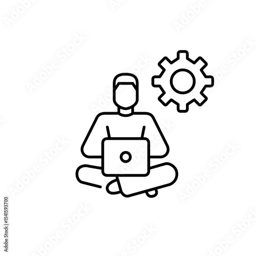 Man working remotely at laptop and cogwheel. Account management, workflow optimization, admin control panel, digital workspace settings, user interface customization Pixel perfect, editable stroke vec
