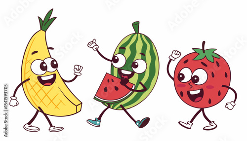 Fun and cheerful vector icons of happy fruit characters in a playful celebration    