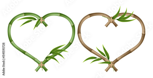 Bamboo heart-shaped frame made of green and brown bamboo stalks tied with a rope. A set of wooden bamboo frames