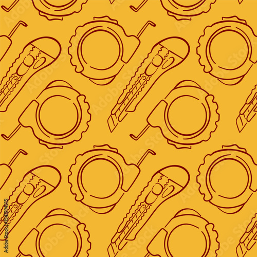 Seamless pattern with utility knife and measuring tape in line art style on yellow background. Perfect for construction shop packaging, repair tool print and hardware site branding.