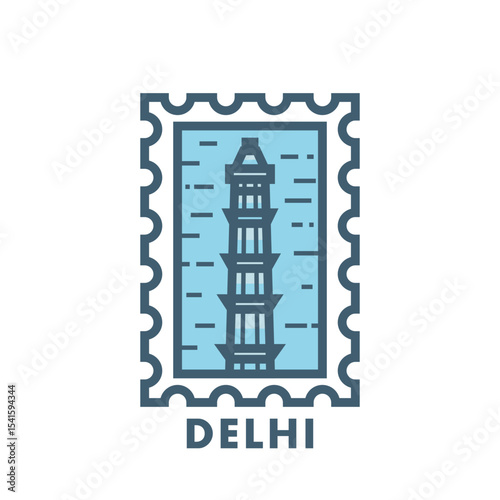 Vector stamp of Delhi, India minar, tower, landmark, city symbol. Thin line pictogram, skyline emblem, logo, icon graphic. Flat, blue, cool