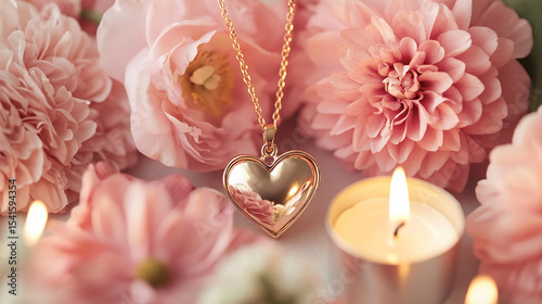 Heart Pendant with Flowers and Candles: A delicate gold heart-shaped pendant rests among soft pink flowers and flickering candlelight, creating a romantic and serene atmosphere.