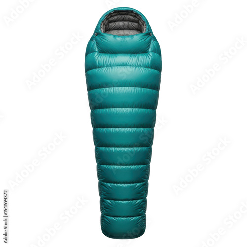 A vibrant teal mummy style sleeping bag, designed for warmth and comfort during outdoor adventures like camping, hiking, and backpacking.