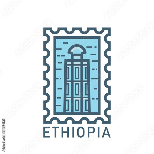 Vector stamp of Axum, Ethiopia obelisk, tower, landmark, city symbol. Thin line pictogram, skyline emblem, logo, icon graphic. Flat, blue, cool