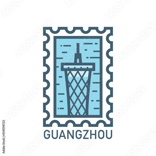 Vector stamp of Guangzhou, China skyscraper, tower, landmark, city symbol. Thin line pictogram, skyline emblem, logo, icon graphic. Flat, blue, cool