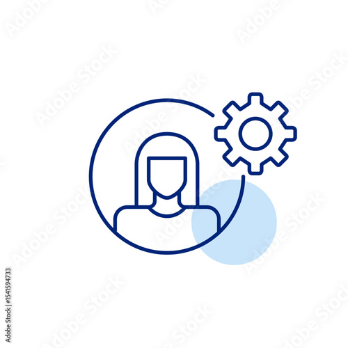 Female user avatar and cogwheel. Account settings, admin, control or customization. Women in tech or leadership, hr or user management software. Pixel perfect, editable stroke vector icon
