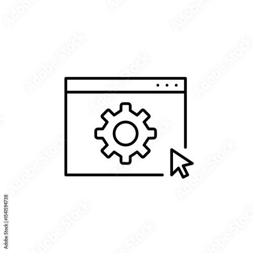 Cogwheel on web page and mouse click. Configuration options, system preferences, user customization, admin tools, backend controls. Pixel perfect, editable stroke vector icon