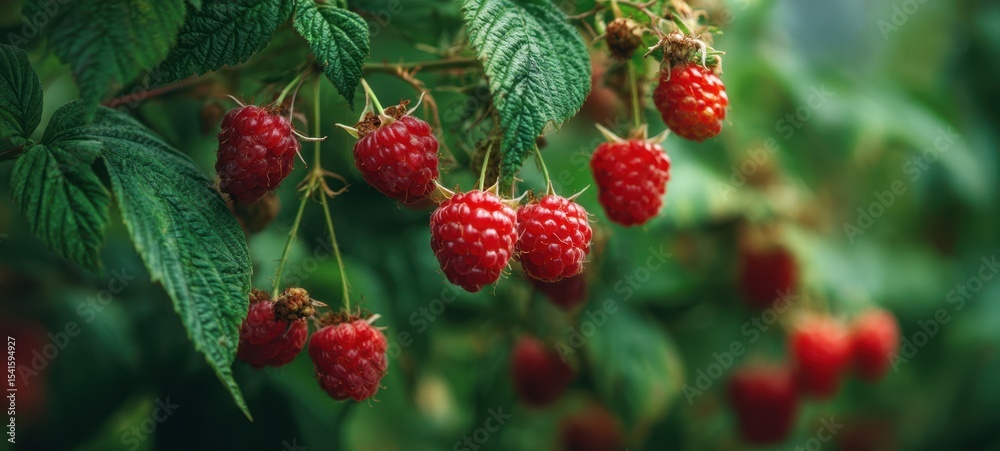 The vibrant raspberries hanging on lush green foliage in a summer garden. The vibrant raspberries hanging on lush green foliage in a summer garden.