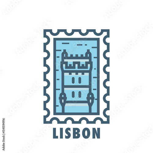 Vector stamp of Lisbon, Portugal tower, landmark, city symbol. Thin line pictogram, skyline emblem, logo, icon graphic. Flat, blue, cool
