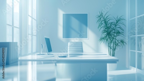 Serene Modern Office Workspace, Sunlight Illuminates Minimalist Design