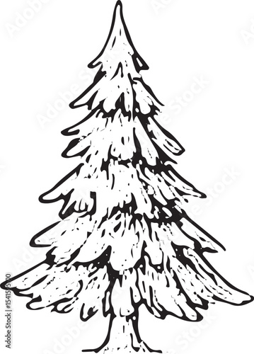 A striking black-and-white illustration of a tall pine tree with detailed, layered branches and needles, ideal for nature-inspired designs, holiday decor, or woodland-themed art and crafts
