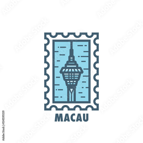 Vector stamp of Macau tower, landmark, city symbol. Thin line pictogram, skyline emblem, logo, icon graphic. Flat, blue, cool