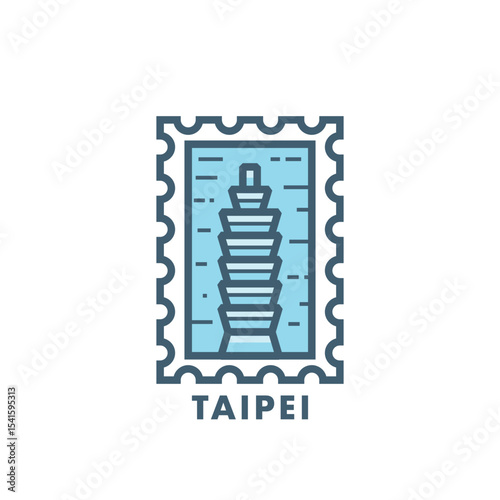 Vector stamp of Taipei, Taiwan skyscraper, tower, landmark, city symbol. Thin line pictogram, skyline emblem, logo, icon graphic. Flat, blue, cool