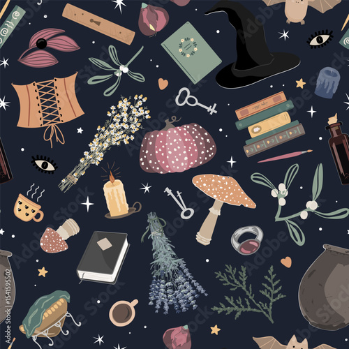 Witchcraft seamless pattern with magic and spiritual things. Girly background.