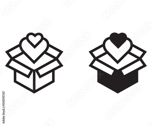 Heart emerging from open cardboard box icon set. Suitable for concepts related to love, gifts, giving, care, and delivery.