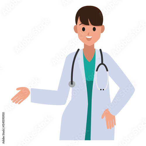 Female Doctor Teal Scrubs White Coat Gesturing Welcome
