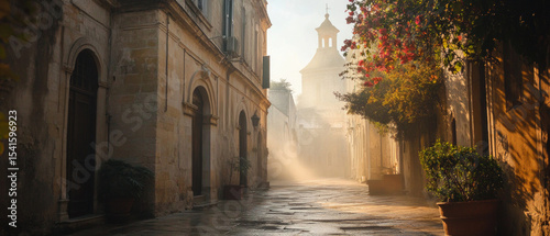 A narrow street with historic buildings drowning in fog, creating an atmosphere of mystery and mystery. Ideal for travel and heritage articles.