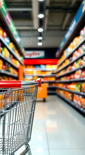 Copy space for text or design.shopping cart handle with yellow grip red accents,Shopping cart in supermarket.Part of shopping trolley in supermarket aisle.Blurred shelves in grocery store and trolley.